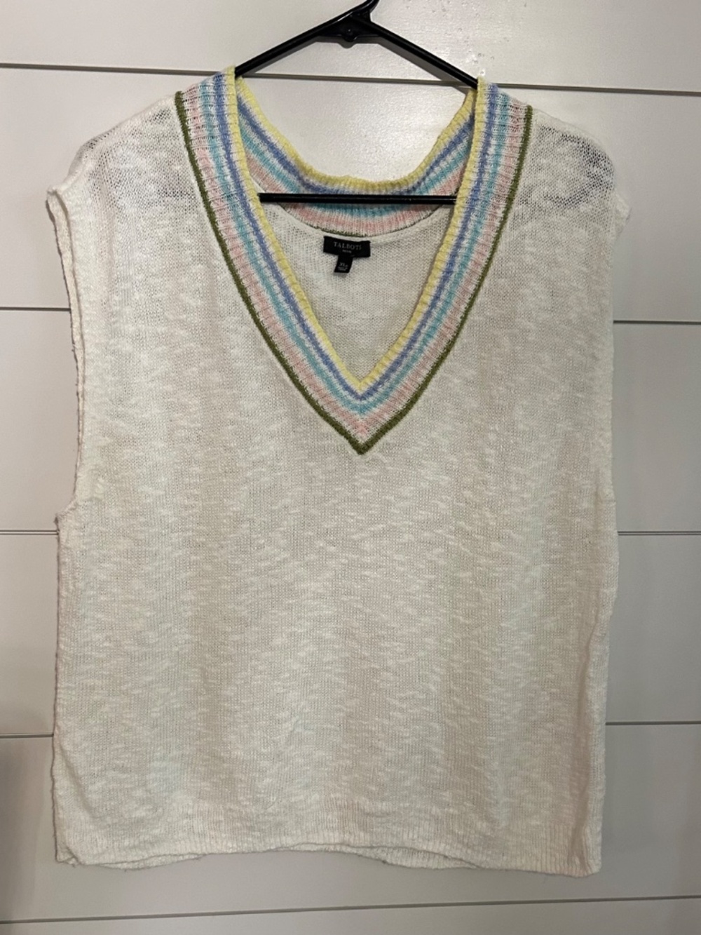 Talbots Petite XL Ivory Knit Sweater Vest Pastel Stripe V-Neck Spring Summer